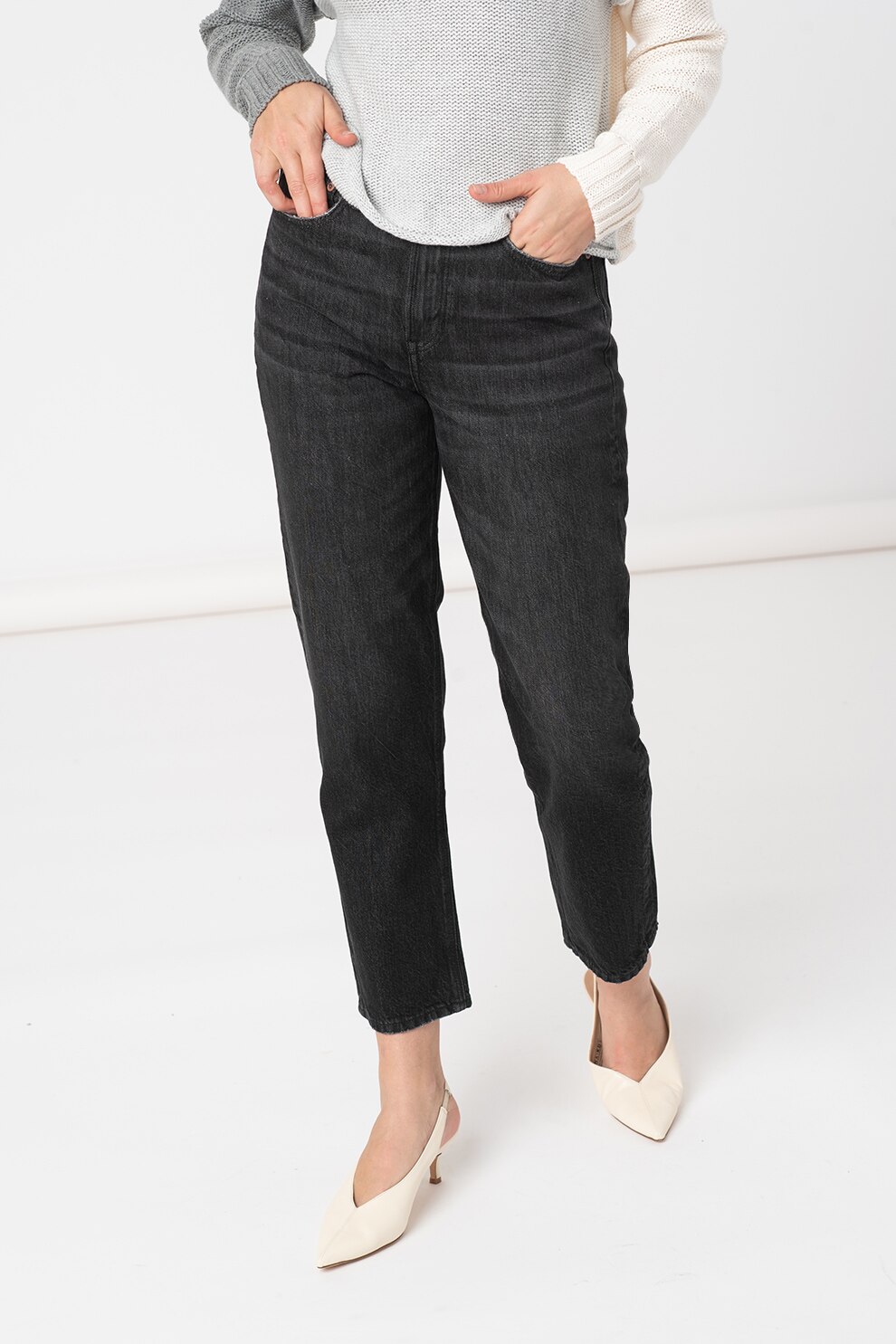 American Eagle, Blugi mom fit crop cu talie inalta, Negru