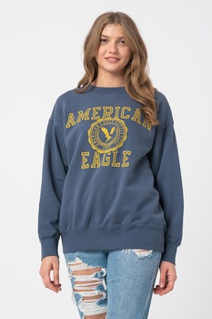 American Eagle, Bluza sport cu logo si maneci cazute, Albastru prafuit American Eagle, Bluza sport cu logo si maneci cazute, Albastru prafuit