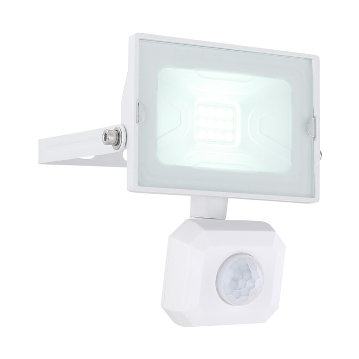 Aplica de exterior din aluminiu turnat sub presiune alba, sticla transparenta, pivotant, IP44, senzor: H: 1-3m, 110 °, detectare pana la 8m, LxH: 90x120, AL: 130, incl. 1xLED 10W 230V, sursa 1000lm, iesire 950lm, 6000K