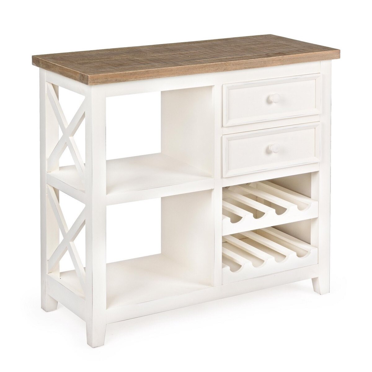 Consola lemn alb blat natur cu 2 sertare si 2 polite sticle vin Elvia 82 cm x 36.5 cm x 77 h