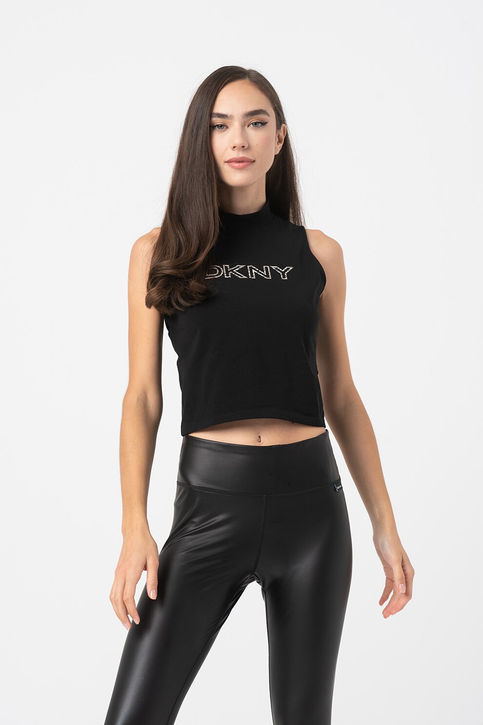 DKNY, Top crop cu imprimeu logo, pentru fitness King, Negru