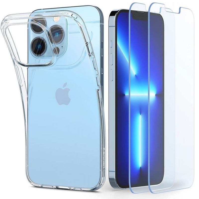 Set carcasa Spigen Liquid Crystal si 2 folii GLAS.tR SLIM compatibila cu iPhone 13 Pro Crystal Clear