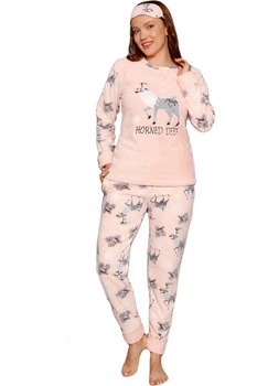 Pijama dama cocolino, pufoasa cu imprimeu Reni, Corai 1121, Corai Pijama dama cocolino, pufoasa cu imprimeu Reni, Corai 1121, Corai