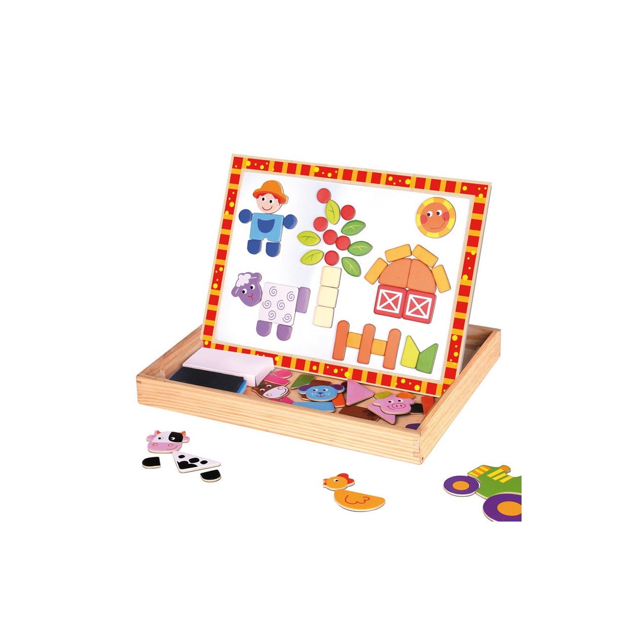 Cutie cu puzzle piese magnetice si tabla de scris, Ferma Multicolor