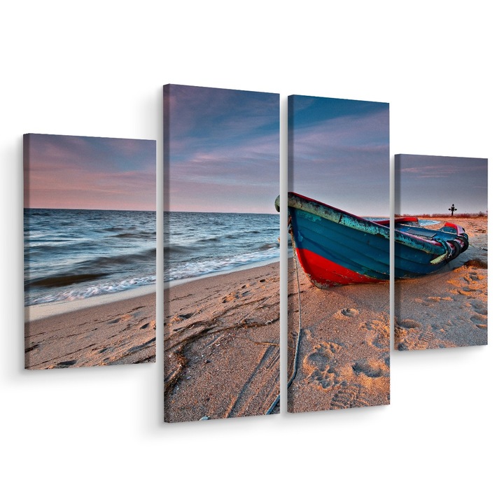 Set Tablou Barca de Pescuit PLAJA Natura 3D 4 Piese 80cm x 60cm Multicanvas, Peisaj, Creative decor, Panza pe cadru de lemn, Decoratiuni Moderne pentru Casa