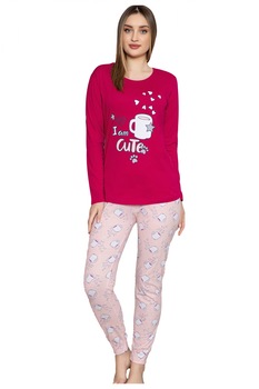 Pijama dama bumbac, confortabila, cu imprimeu Cute, Visiniu 1129, Visiniu Pijama dama bumbac, confortabila, cu imprimeu Cute, Visiniu 1129, Visiniu