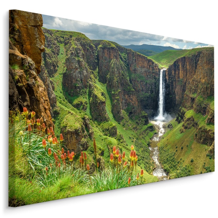Картина за хол CASCADA Зелен пейзаж 3D 100cm x 70cm Цветя, Природа, Креативен декор, Модерен дизайн, Платно, Платно върху дървена рамка
