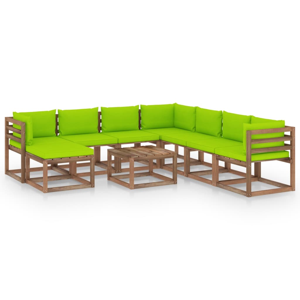 Set mobilier gradina 9 piese canapea L cu masuta cafea, vidaXL, Lemn de pin tratat, Maro cu perne verde aprins