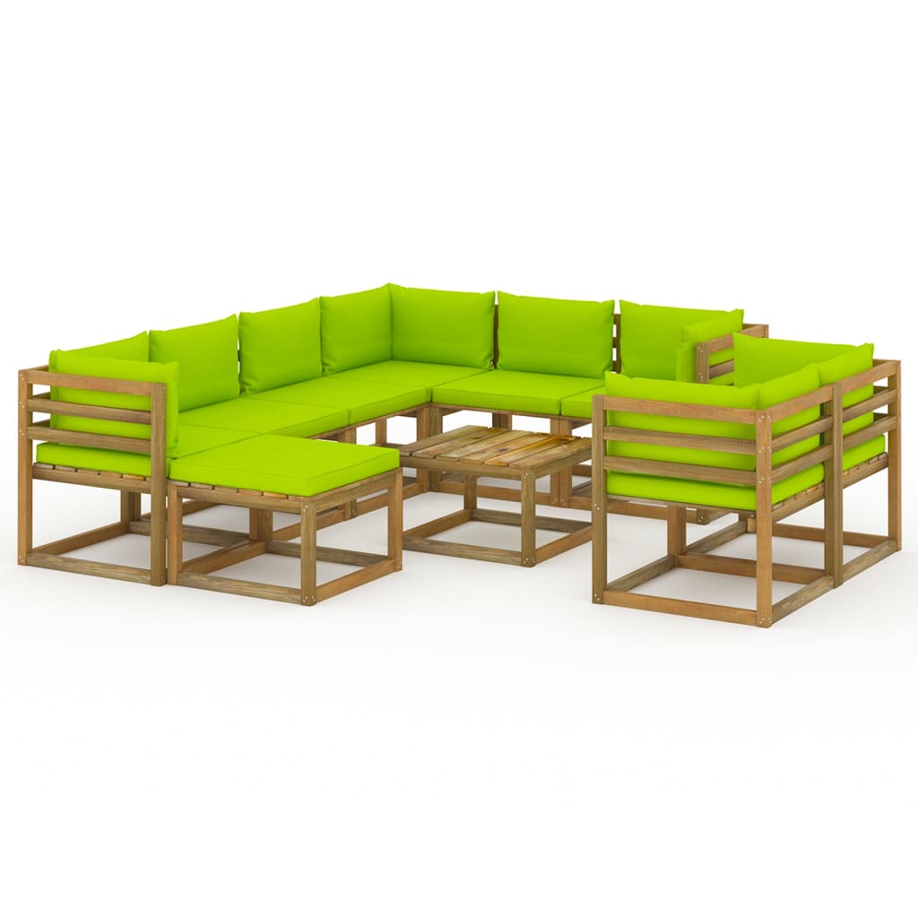 Set mobilier gradina 10 piese canapele cu masuta cafea, vidaXL, Lemn de pin tratat, Maro cu perne verde aprins