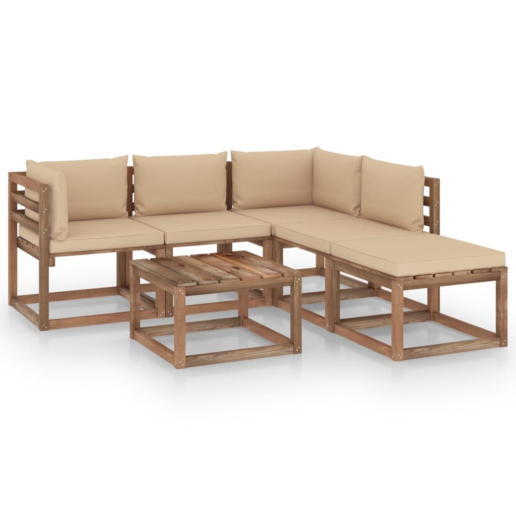 Set mobilier gradina 6 piese canapea L cu masuta, vidaXL, Lemn de pin tratat, Maro - perne bej