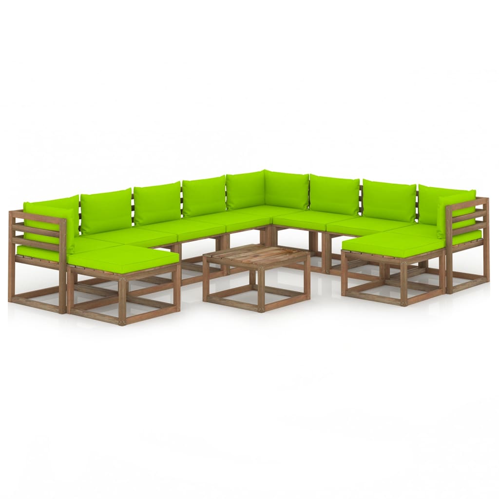 Set mobilier gradina 11 piese canapea cu masuta cafea, vidaXL, Lemn de pin tratat, Maro cu perne verde aprins