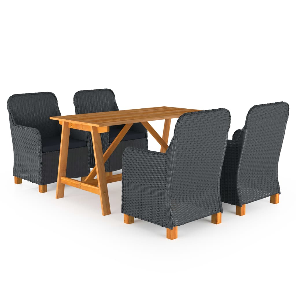 Set mobilier de gradina cu 5 piese -masa si fotolii cu perne, vidaXL, Ratan-Lemn acacia, 140 x 70 x 73,5 cm, Gri inchis-Maro