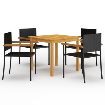 Set mobilier de gradina 5 piese masa cu scaune, vidaXL, Ratan si lemn masiv de acacia finisaj ulei, 85 x 85 x 74 cm, Negru-Maro miere Set mobilier de gradina 5 piese masa cu scaune, vidaXL, Ratan si lemn masiv de acacia finisaj ulei, 85 x 85 x 74 cm, Negru-Maro miere