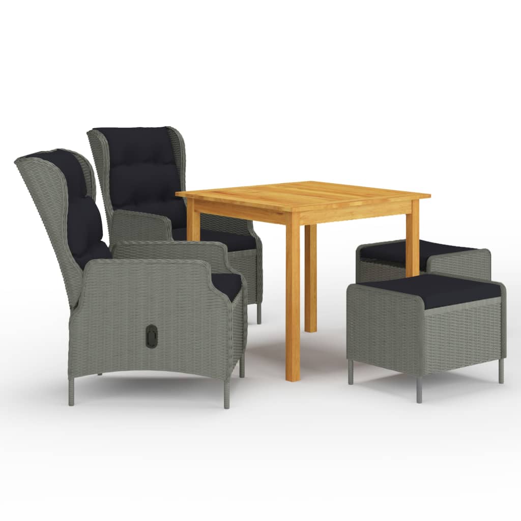 Set mobilier de gradina 5 piese masa cu fotolii reglabile si tabureti, vidaXL, Ratan si lemn masiv acacia finisaj ulei, 85 x 85 x 74 cm, Gri deschis-Maro