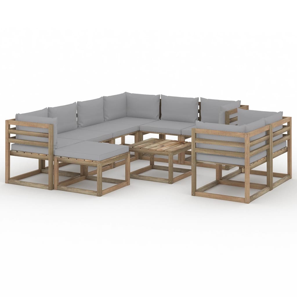 Set mobilier gradina 10 piese canapele cu masuta cafea, vidaXL, Lemn de pin tratat, Maro cu perne gri