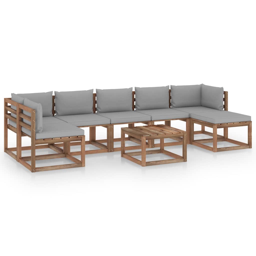 Set mobilier gradina 8 piese canapea U cu masuta si perne, vidaXL, Lemn de pin tratat, Maro cu perne gri.