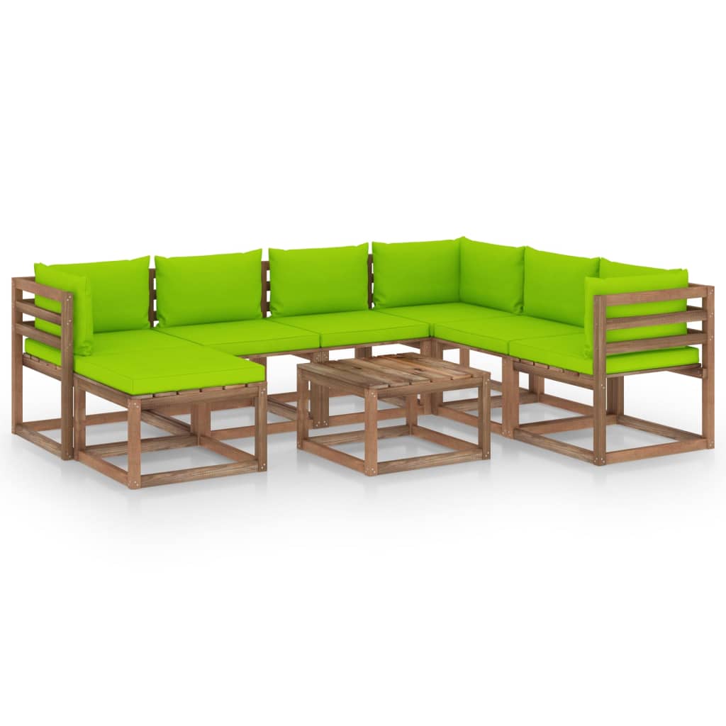 Set mobilier gradina 8 piese canapea U cu masuta si perne, vidaXL, Lemn de pin tratat, Maro cu perne verde aprins