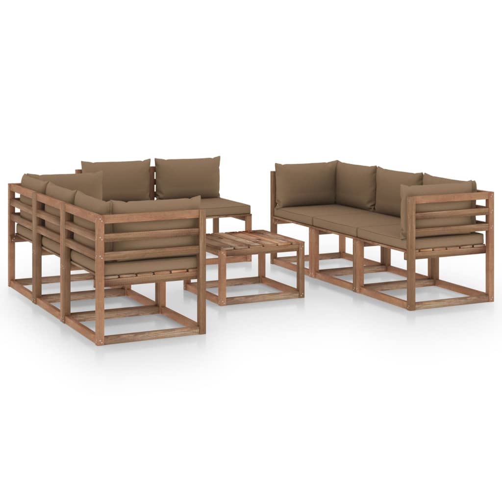 Set mobilier gradina 9 piese canapele cu masuta, vidaXL, Lemn de pin tratat, Maro cu perne gri taupe
