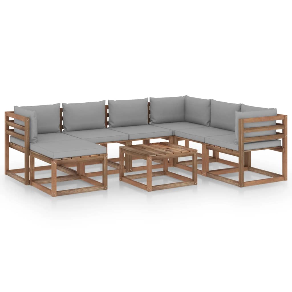 Set mobilier gradina 8 piese canapea U cu masuta si perne, vidaXL, Lemn de pin tratat, Maro cu perne gri