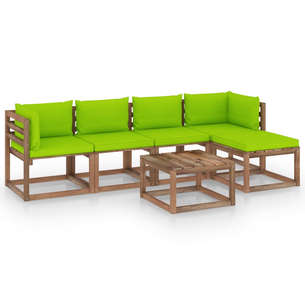 Set mobilier gradina 6 piese canapea cu masuta, vidaXL, Lemn de pin tratat, Maro-perne verde aprins