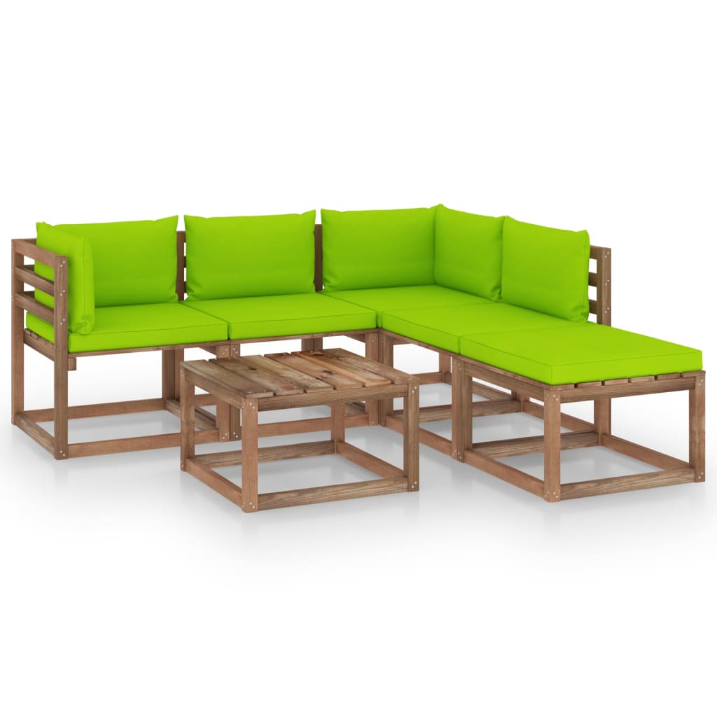 Set mobilier gradina 6 piese canapea L cu masuta, vidaXL, Lemn de pin tratat, Maro - perne verde aprins