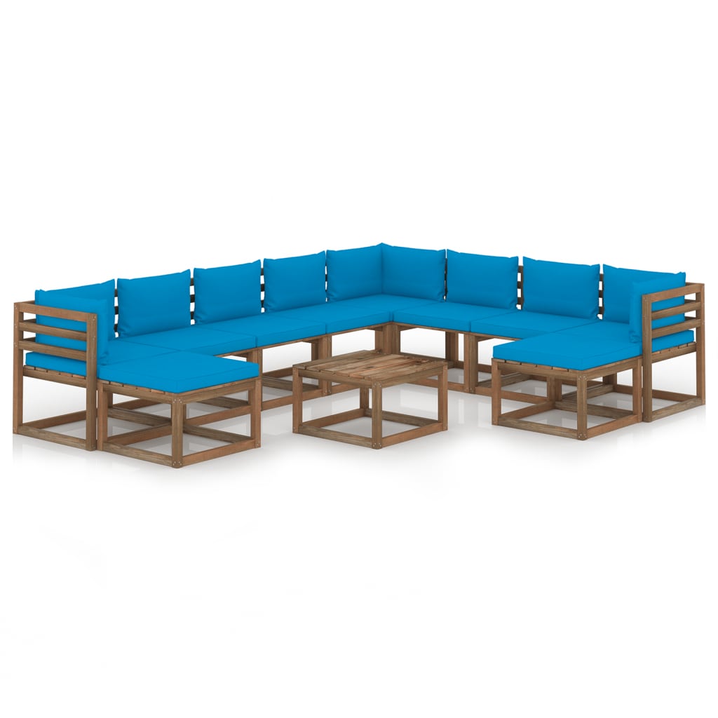 Set mobilier gradina 11 piese canapea cu masuta cafea, vidaXL, Lemn de pin tratat, Maro cu perne Albastru deschis