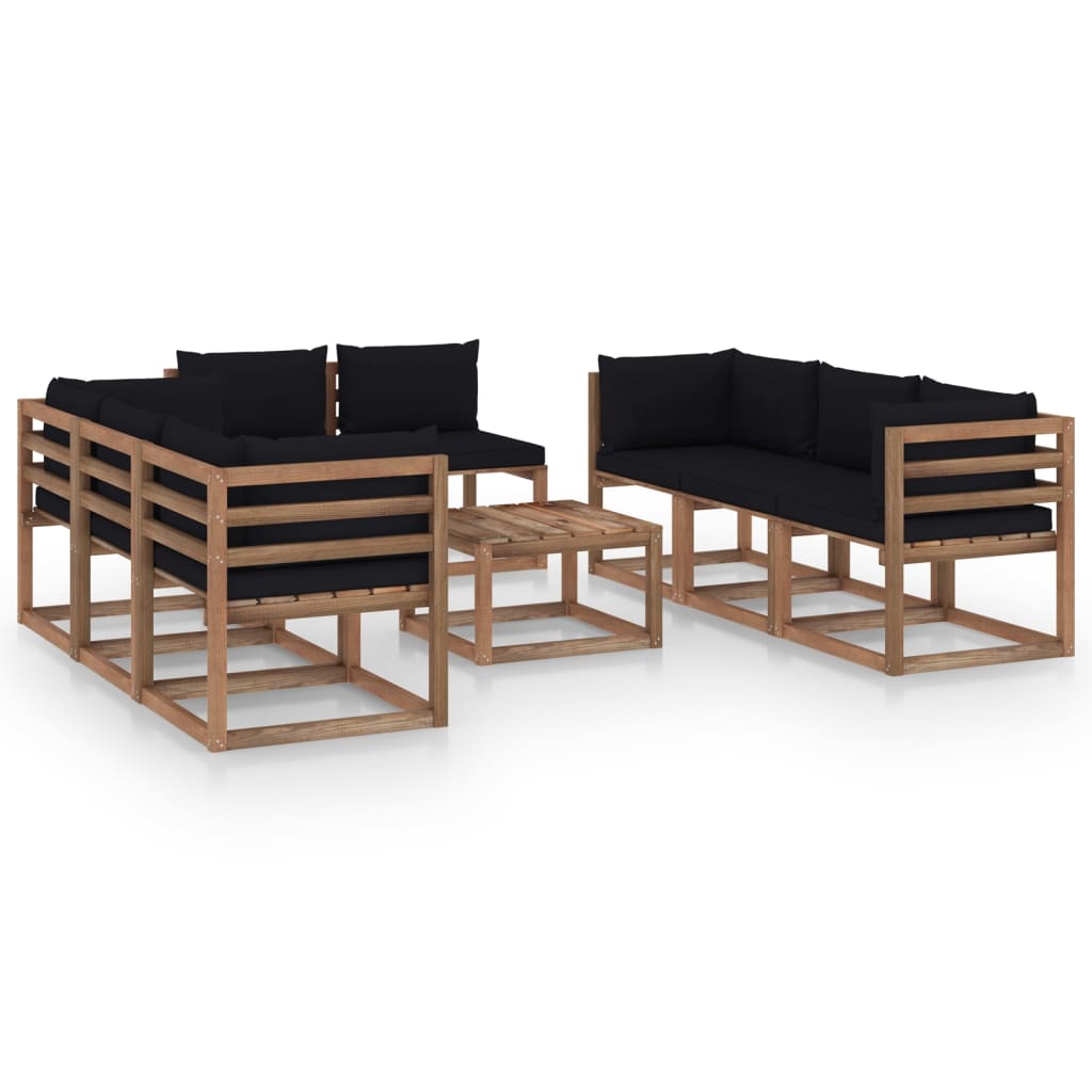 Set mobilier gradina 9 piese canapele cu masuta, vidaXL, Lemn de pin tratat, Maro cu perne negru