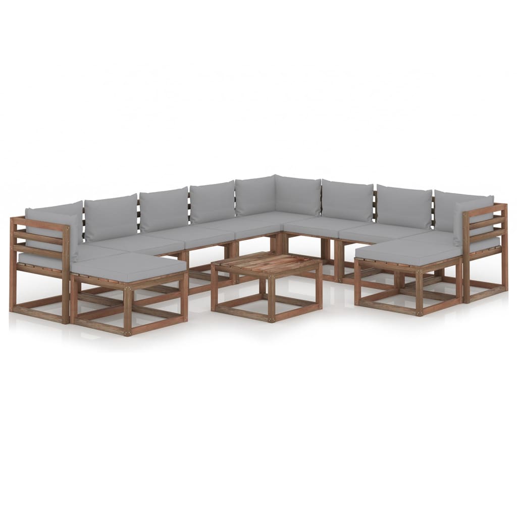 Set mobilier gradina 11 piese canapea cu masuta cafea, vidaXL, Lemn de pin tratat, Maro cu perne gri