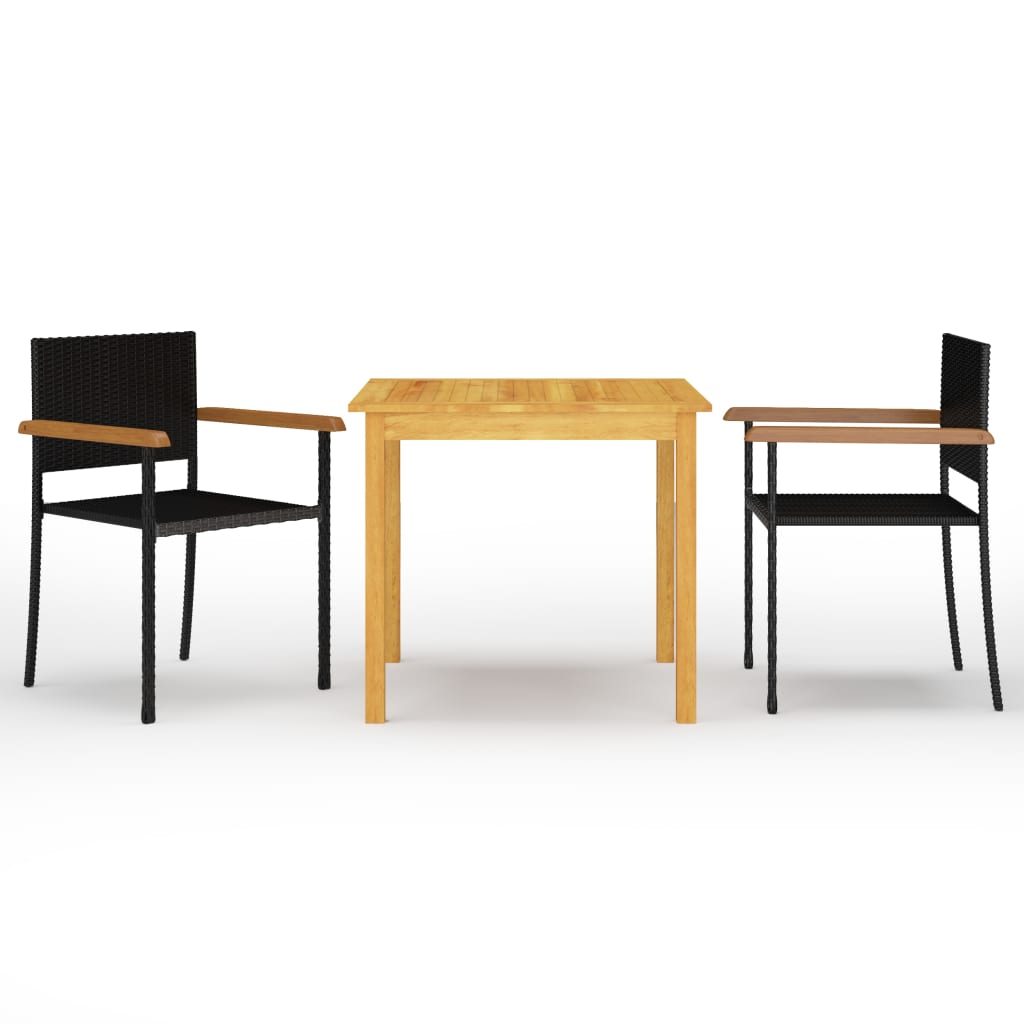 Set mobilier de gradina 3 piese masa cu scaune, vidaXL, Ratan si lemn masiv de acacia finisaj ulei, 85 x 85 x 74 cm, Negru-Maro miere