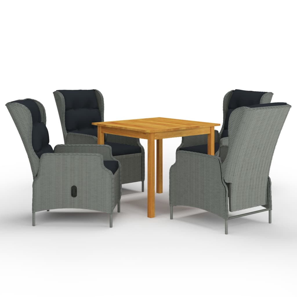 Set mobilier de gradina 5 piese masa cu fotolii reglabile, vidaXL, Ratan si lemn masiv acacia finisaj ulei, 85 x 85 x 74 cm, Gri deschis-Maro miere