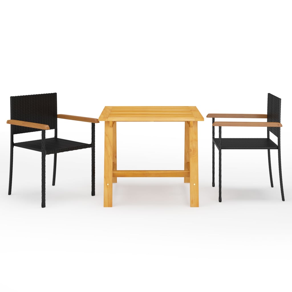 Set mobilier de gradina 3 piese masa cu scaune, vidaXL, Ratan si lemn masiv de acacia finisaj ulei, Negru-maro