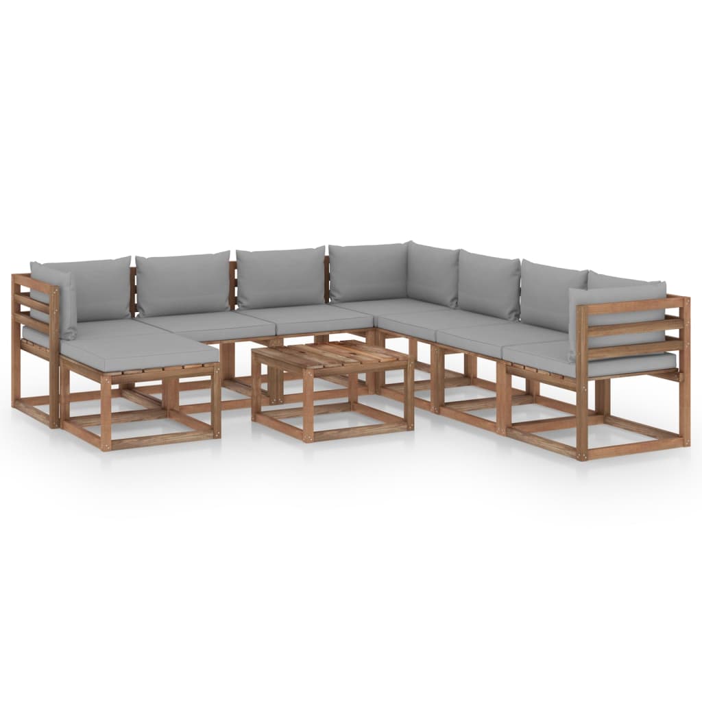 Set mobilier gradina 9 piese canapea L cu masuta cafea, vidaXL, Lemn de pin tratat, Maro cu perne gri