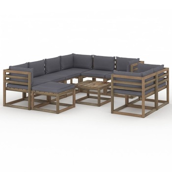 Set mobilier gradina 10 piese canapele cu masuta cafea, vidaXL, Lemn de pin tratat, Maro cu perne antracit Set mobilier gradina 10 piese canapele cu masuta cafea, vidaXL, Lemn de pin tratat, Maro cu perne antracit