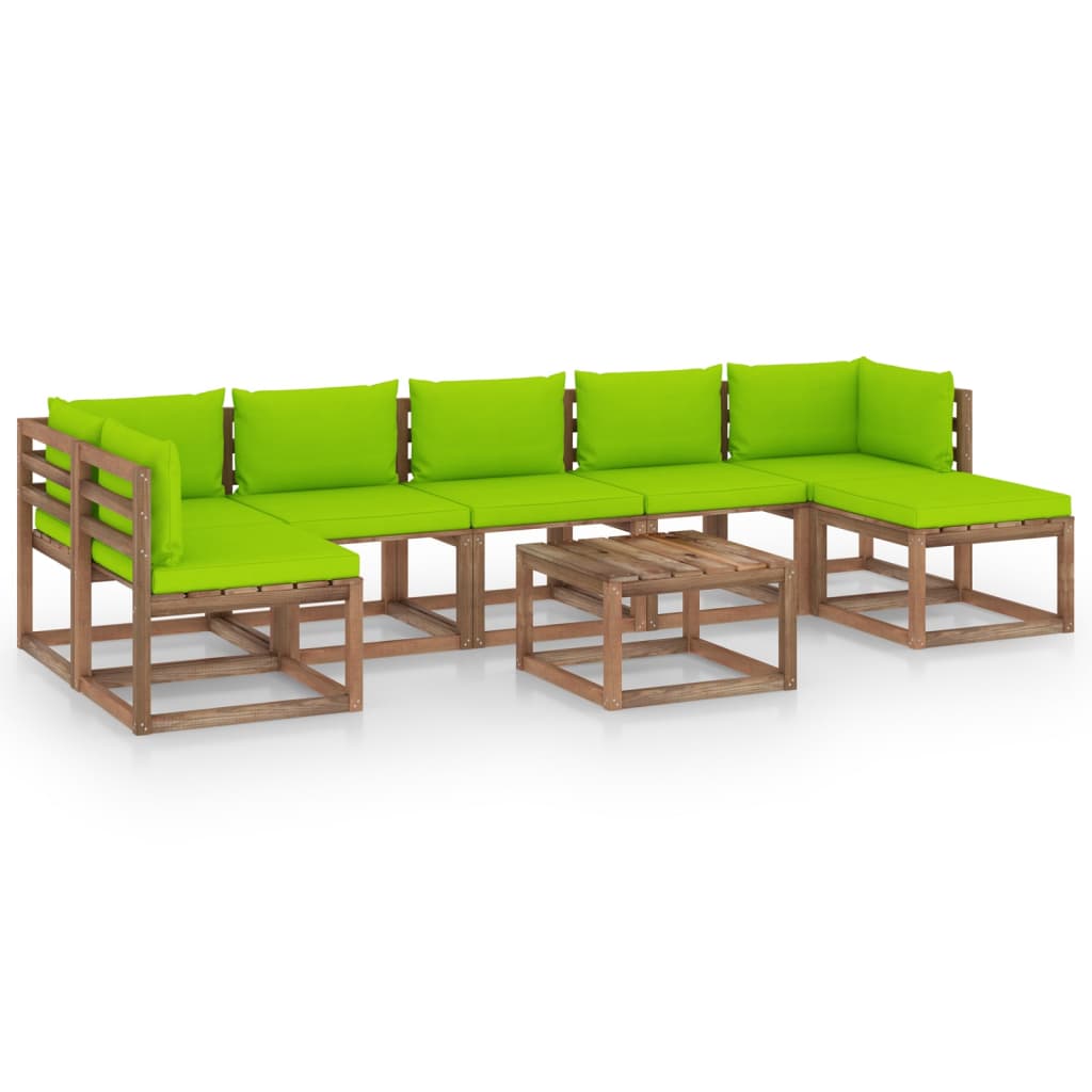 Set mobilier gradina 8 piese canapea U cu masuta si perne, vidaXL, Maro cu perne verde aprins， Lemn de pin tratat