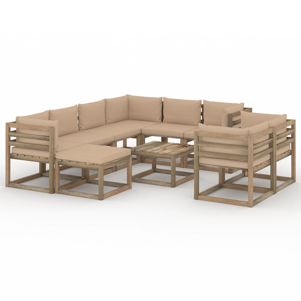 Set mobilier gradina 10 piese canapele cu masuta cafea, vidaXL, Lemn de pin tratat, Maro cu perne bej