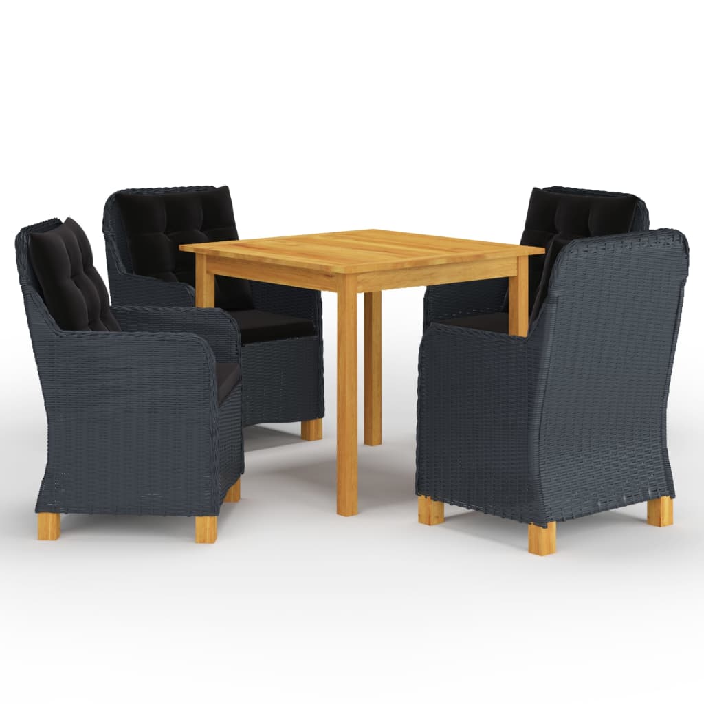 Set mobilier de gradina 5 piese masa cu fotolii, vidaXL, Ratan si lemn masiv acacia finisaj ulei, 85 x 85 x 74 cm, Gri inchis-Maro