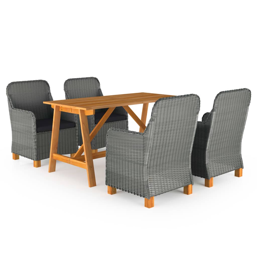Set mobilier de gradina cu 5 piese -masa si fotolii cu perne, vidaXL, Ratan-Lemn acacia, 140 x 70 x 73,5 cm, Gri deschis-Maro
