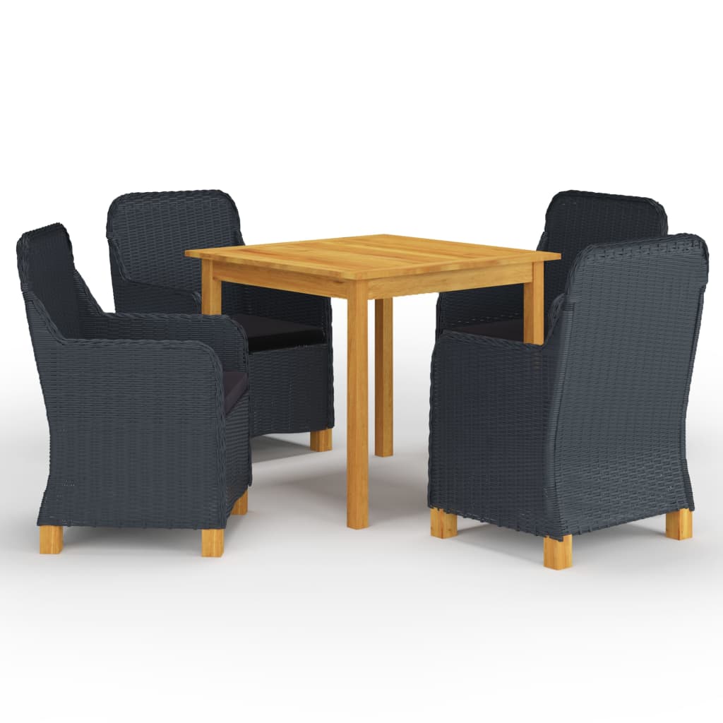 Set mobilier de gradina 5 piese masa cu fotolii, vidaXL, Ratan si lemn masiv acacia finisaj ulei, 85 x 85 x 74 cm, Gri inchis-Maro