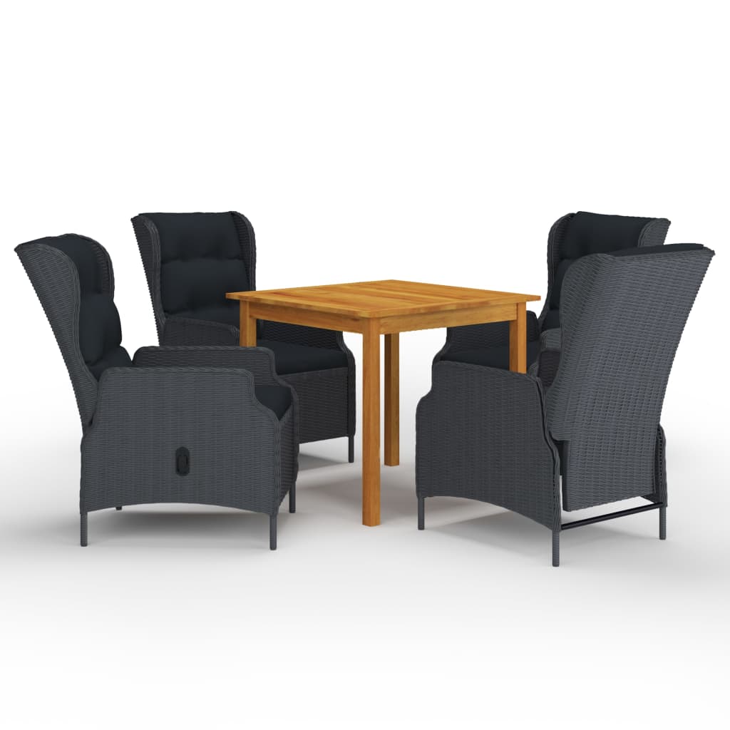 Set mobilier de gradina 5 piese masa cu fotolii reglabile, vidaXL, Ratan si lemn masiv acacia finisaj ulei, 85 x 85 x 74 cm, Gri inchis-Maro miere