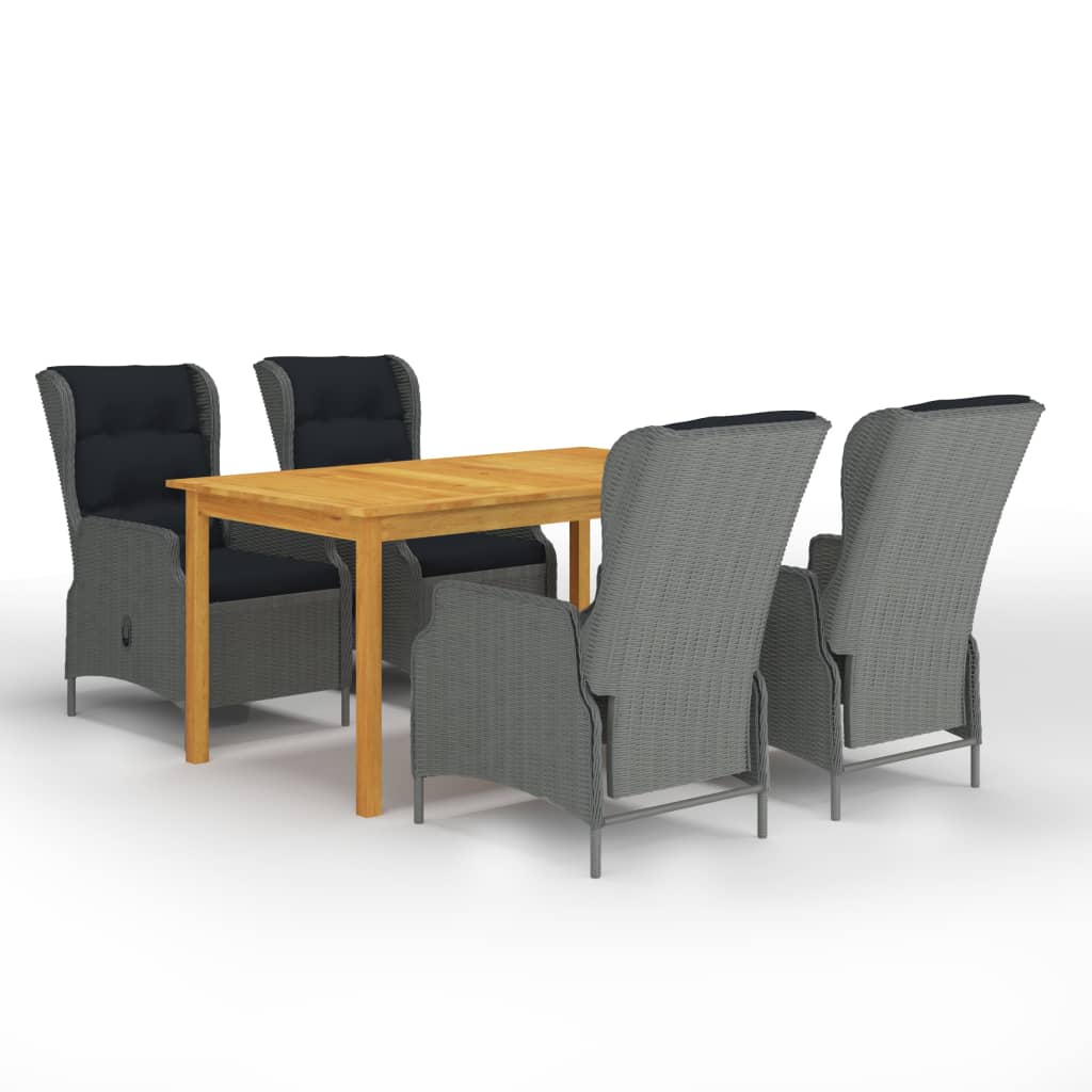 Set mobilier de gradina cu 5 piese masa cu fotolii, vidaXL, Ratan-Lemn masiv de acacia, 150 x 90 x 74 cm, Gri deschis-Maro
