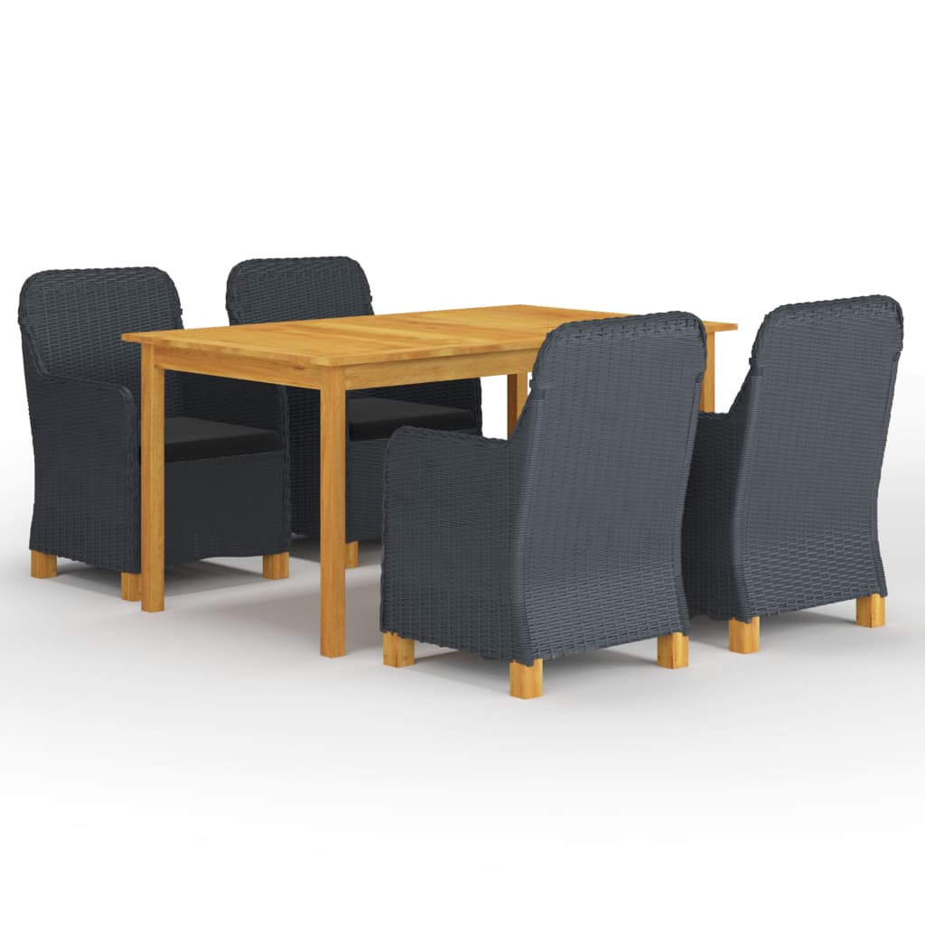 Set mobilier gradina 5 piese masa cu fotolii, vidaXL, Ratan si Lemn acacia, 150 x 90 x 74 cm, Gri-Maro