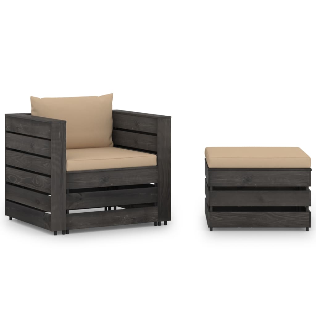 Set mobilier de gradina 2 piese fotoliu cu taburet si perne, vidaXL, Lemn de pin tratat, Gri - perne bej