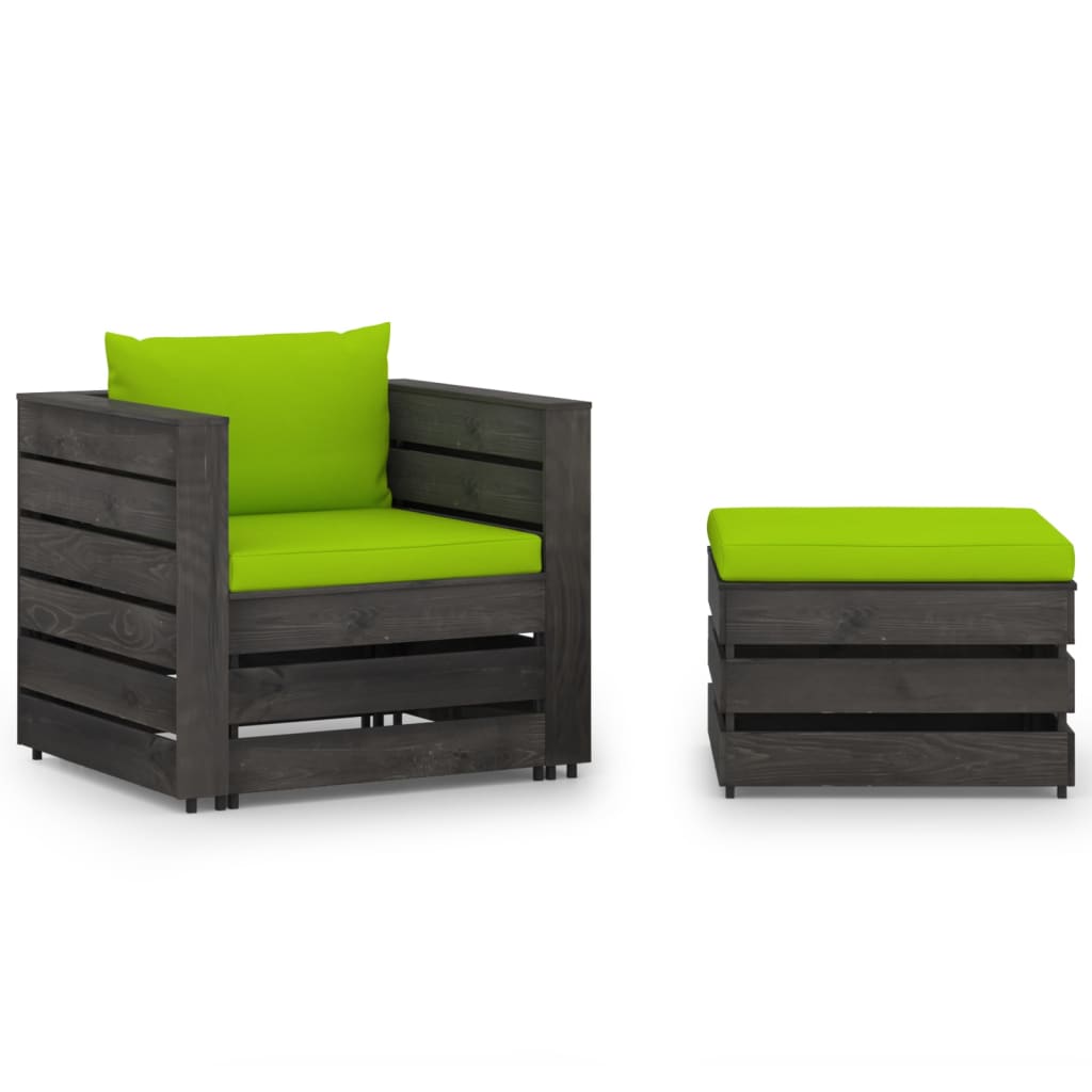 Set mobilier de gradina 2 piese fotoliu cu taburet si perne, vidaXL, Lemn de pin tratat, Gri - perne verde aprins