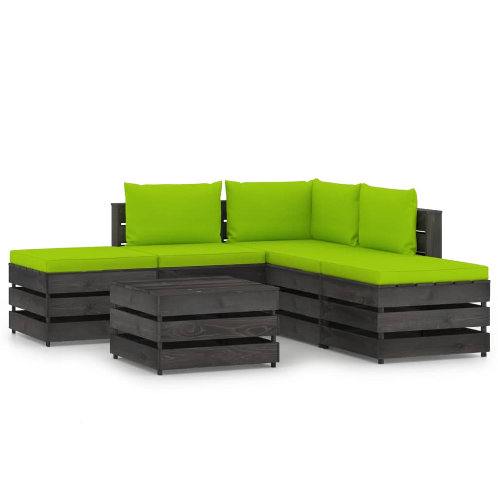 Set mobilier gradina 6 piese canapea L din paleti cu masa si perne vidaXL, Lemn de pin tratat, Gri inchis - perne verde aprins