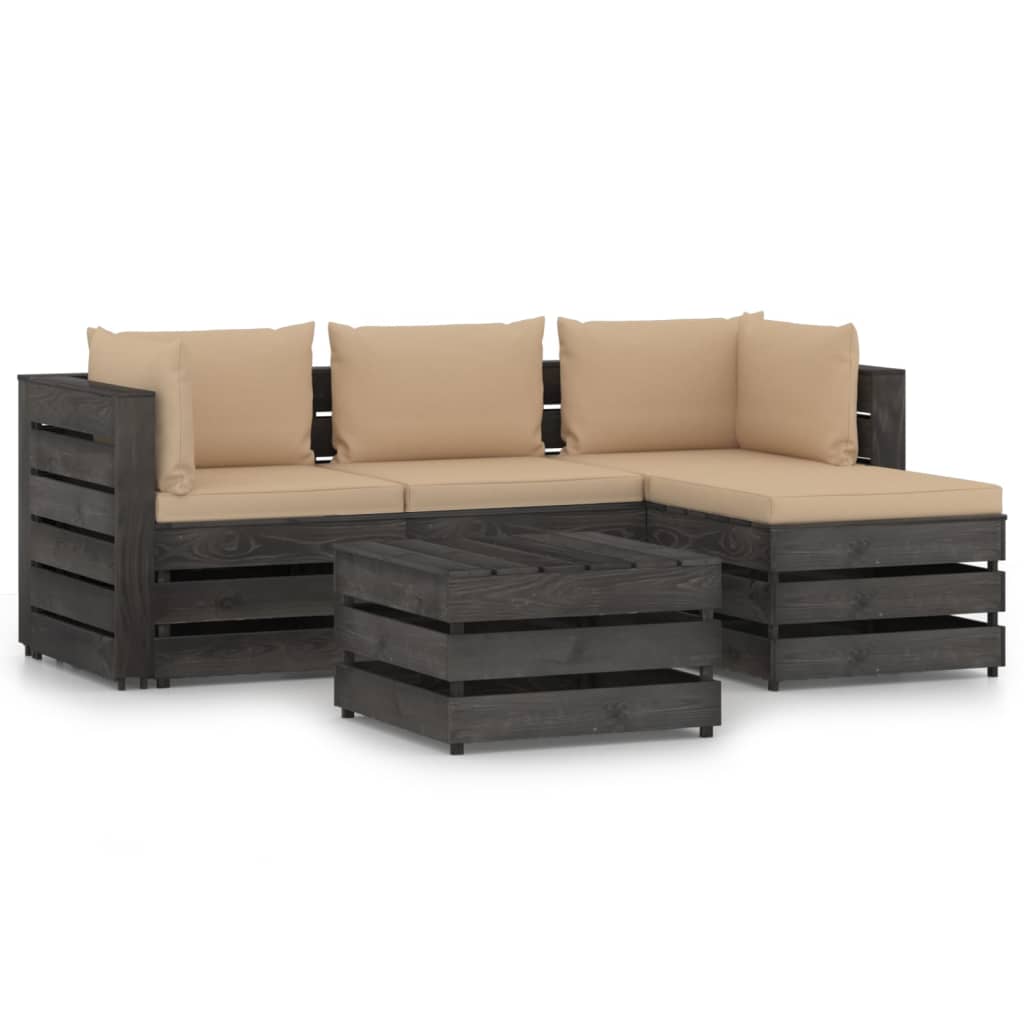 Set mobilier gradina 5 piese canapea L din paleti cu perne vidaXL, Lemn de pin tratat, Gri inchis - perne bej