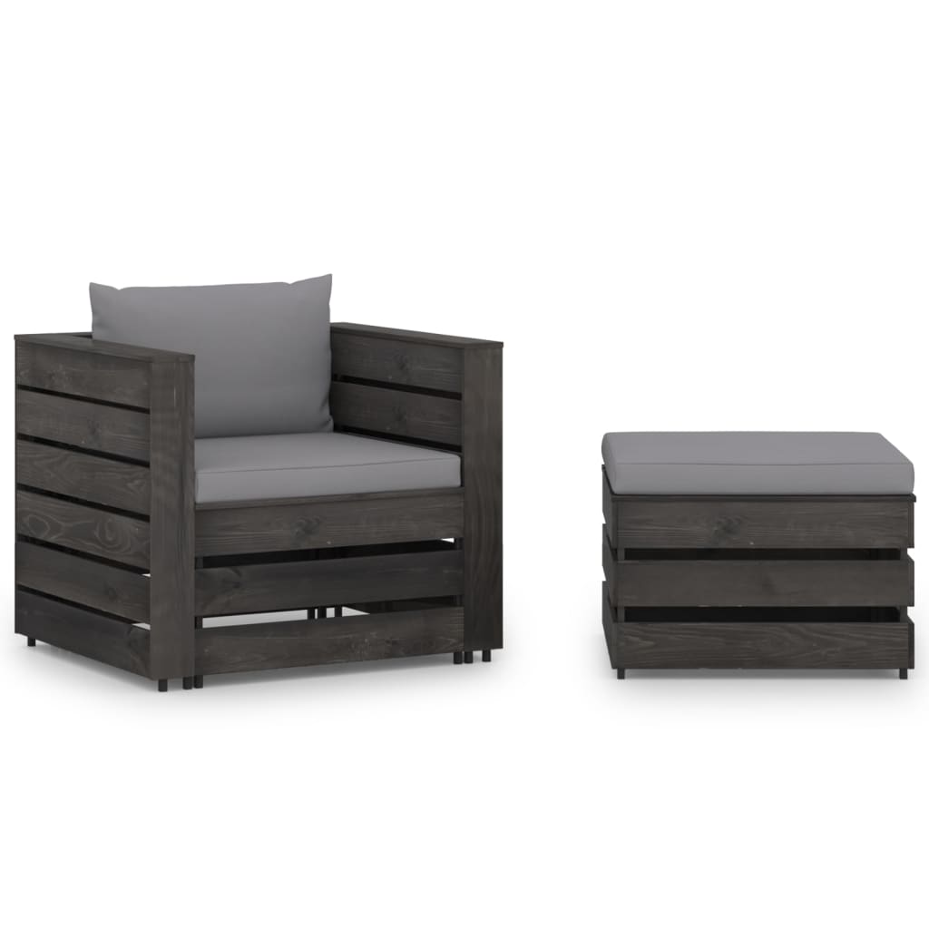 Set mobilier de gradina 2 piese fotoliu cu taburet si perne, vidaXL, Lemn de pin tratat, Gri - perne gri