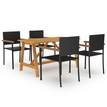 Set mobilier gradina cu 5 piese masa cu scaune, vidaXL, Ratan si lemn masiv de acacia finisaj ulei, Negru-maro Set mobilier gradina cu 5 piese masa cu scaune, vidaXL, Ratan si lemn masiv de acacia finisaj ulei, Negru-maro