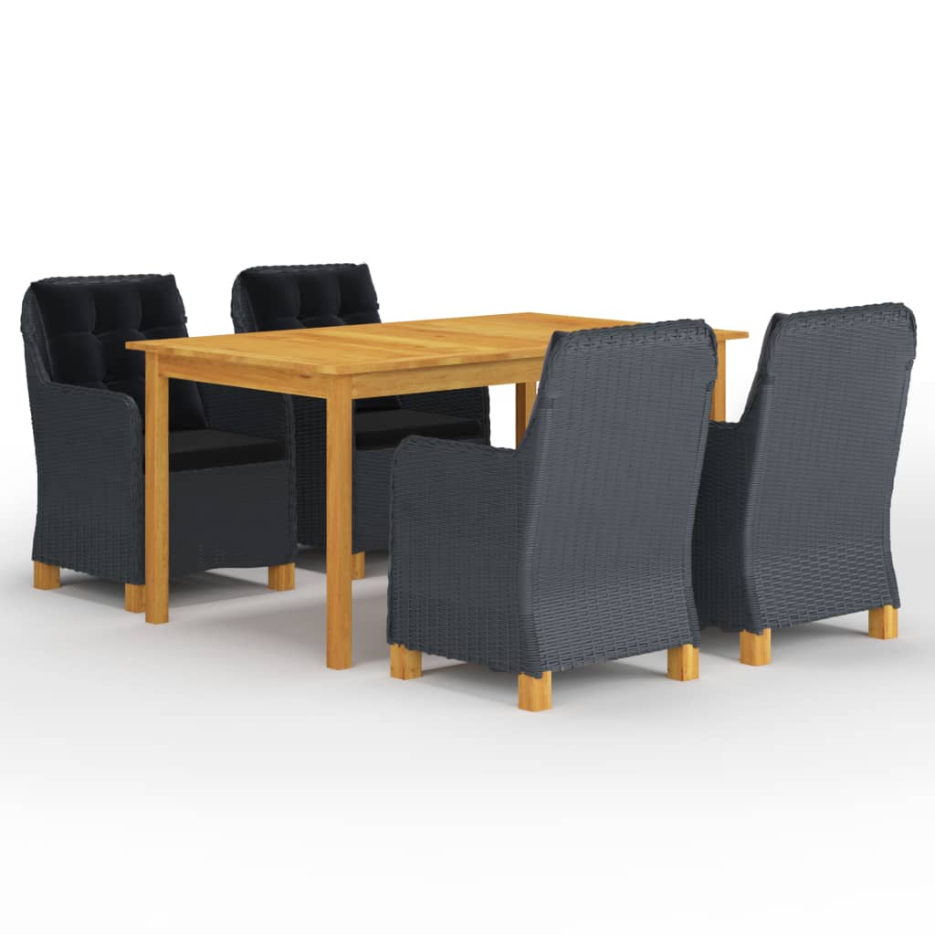 Set mobilier gradina 5 piese masa cu fotolii, vidaXL, Ratan si Lemn acacia, 150 x 90 x 74 cm, Gri inchis-Maro