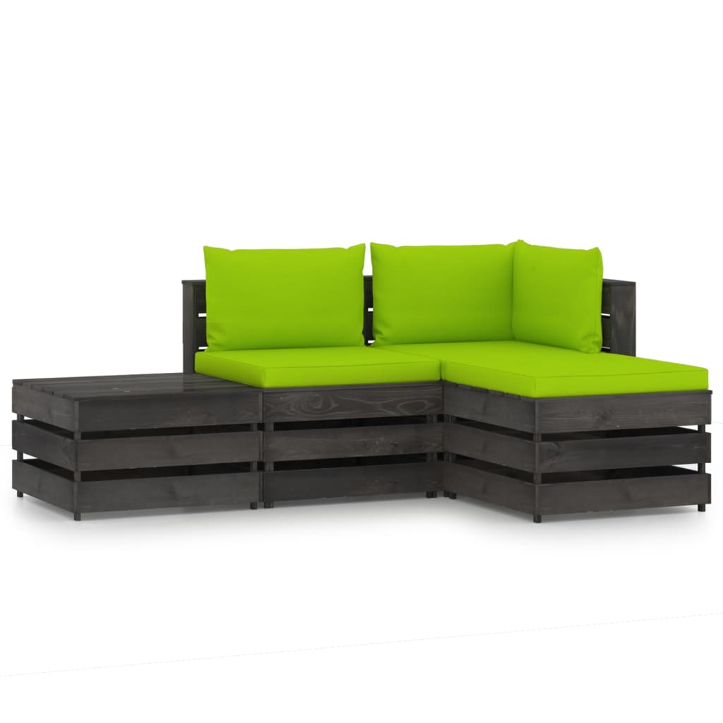 Set mobilier gradina 4 piese canapea L cu perne vidaXL, Lemn de pin tratat, Gri inchis - perne verde aprins