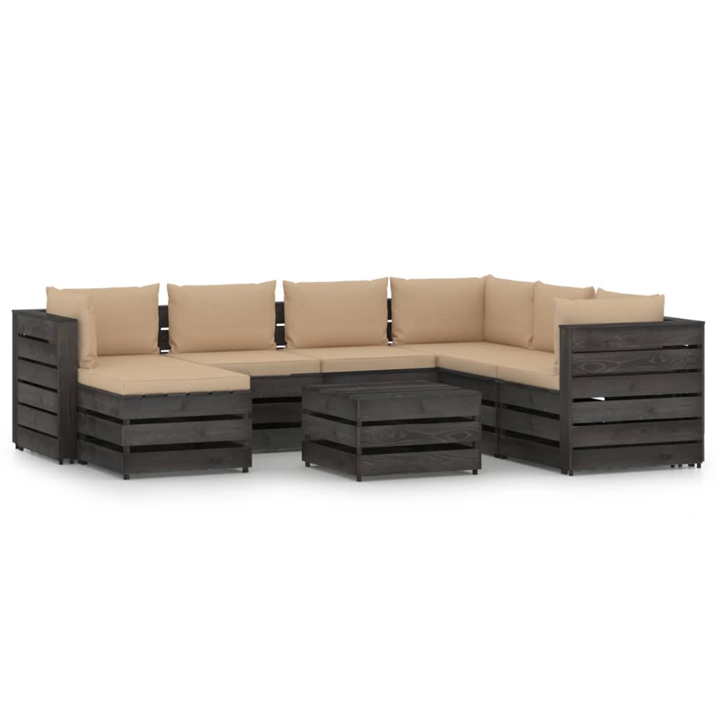 Set mobilier gradina 8 piese set canapea L cu masuta, cu perne, vidaXL, Lemn masiv de pin tratat, Gri inchis - perne bej